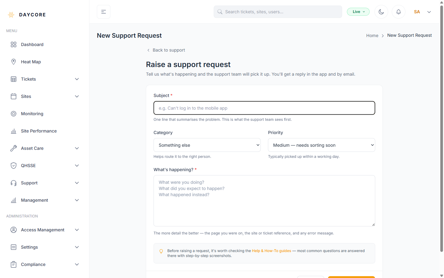 Screenshot: Start a new request